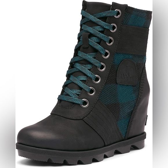 Sorel PDX Lexie Leather Wedge Heel Lace Up Boot in Blue Check Buffalo Plaid 7 - Picture 1 of 9